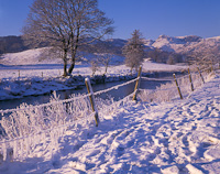 River Brathay and Langdale Pikes, Cumbria, England.