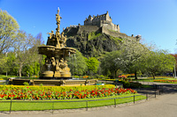 Edinburgh Castle & Ross Fountain from Princes Street Gardens, Scotland.