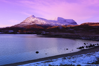 Ardvreck Castle & Quinag, Loch Assynt, Sutherland, Highland, Scotland.