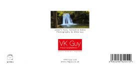 Reverse of Janet's Foss, Yorkshire Dales greeting card showing image title and photographer:Mike Guy