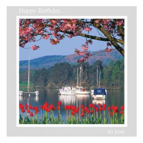 Birthday Card - 'Boats, Tulips and Blossom' - message inside reads: find time to relax it's your birthday!